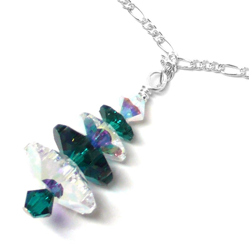 Emerald-Green and Clear AB Snow-Laden Austrian Crystal Christmas Tree Chain Necklace Sterling Silver